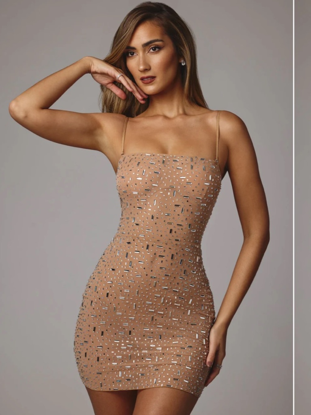 Oh Polly Caprice Sheer Embellished Mini Dress in US 2 Almond
